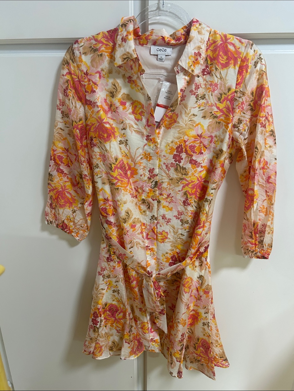 CeCe Floral Linen Blend Shirt Dress in Pink, Yellow and Cream NWT XS Romantic